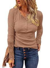 BTFBM Women Long Sleeve V Neck Button Up Solid Tops Blouses Trendy Slim Fit Lace Sleeves Ribbed Knit Casual Shirts Tunic(Lace Camel, Medium) | Women's Casual Dresses