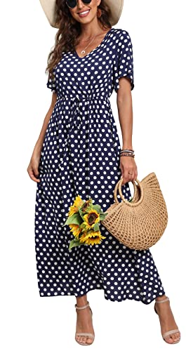 Navy Blue Summer Maxi Boho Beach Dress Floral Print Dress V Neck Short Sleeve Drawstring High Waist Flowy Long Midi Dresses - GRECERELLE