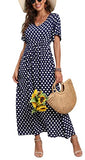 Navy Blue Summer Maxi Boho Beach Dress Floral Print Dress V Neck Short Sleeve Drawstring High Waist Flowy Long Midi Dresses - GRECERELLE | Women's Casual Dresses