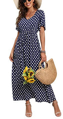 Navy Blue Summer Maxi Boho Beach Dress Floral Print Dress V Neck Short Sleeve Drawstring High Waist Flowy Long Midi Dresses - GRECERELLE