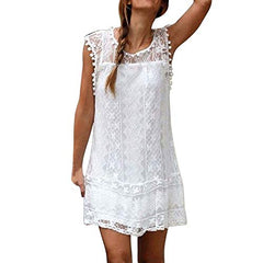 Women Casual Lace Sleeveless Beach Short Dress Tassel Mini Dress