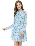 Women's Floral Smocked Waist Tie Neck Layered Chiffon Mini Dress