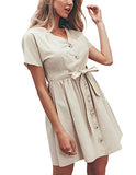 Women's Short Sleeve V Neck Button Down Casual Mini Dress with Tie Belt | Original Brand
