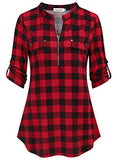 Women's 4-Mar Sleeve Plaid Shirts Zip Floral Casual Tunic Blouse Tops | Women's Tops and Blouses