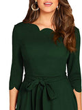Women's Elegant Belted 3 4 Sleeve Fit Flare Cocktail Scallop Dress | Women's Work Dresses