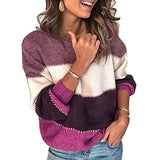 Sweaters Knit Color Block Pullover Casual Long Sleeve Crew Neck Loose Sweater Tops