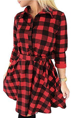 FANCYINN Women Long Sleeve Plaid Pattern Tunic Tops Shirt Casual Dress