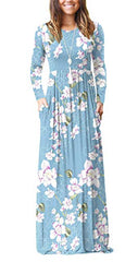 Floral Light Blue Casual Short/Long Sleeve Maxi Dress with Pockets - HAOMEILI