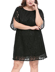 Women Plus Size Dresses Tulip Sleeves Hollow Floral Lace Shift Dress Valentines