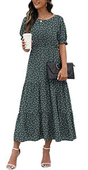 Tulip Blue Grey Summer Midi Dress Floral Print Boho Dress Ruffle Puff Sleeve High Waist A-Line Casual Boho Cocktail Holiday Beach Long Dress - GRECERELLE