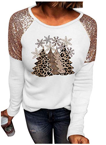 Leopard Christmas Trees Snowflake Sequined Splicing Blouse T Shirts for Women Xmas Vacation Casual Long Sleeve Tees Tops