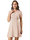 Women's Puff Sleeve Decor Button V Neck Fit and Flare Floral Dress | Original Brand