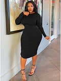 Women's Ruched Long Sleeve Elegant Bodycon Basic Casual Midi Dress