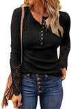 VICHYIE Womens Ribbed Knit Henley Long Sleeves Tunic Lace Tops V Neck Button Shirts Casual Slim Fit Blouses