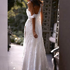 Women Sleeveless Embroidery Wedding Dresses V Neck Sheer Mesh Bridal Gowns Sexy Lace Formal Bridal Dresses Maxi Dress