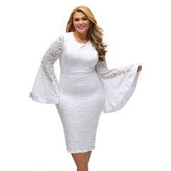 Sexy All White Plus Size Dress For Women Bell Sleeves Lace Dress Party Dress