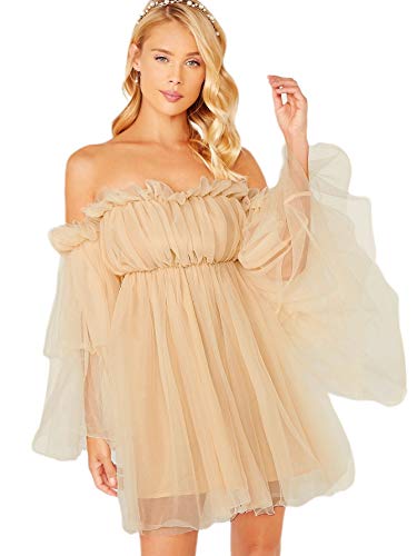 Women's Romantic Off Shoulder Flounce Long Sleeve Wedding Ruffle Mesh Party Mini Dress