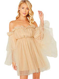 Women's Romantic Off Shoulder Flounce Long Sleeve Wedding Ruffle Mesh Party Mini Dress | Women's Cocktail Dresses