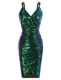 Women's Sexy Sequin Sparkly Glitter Ruched Party Club Dress Spaghetti Straps Wrap V-Neck Bodycon Dress