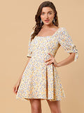 Women's Floral Printed Sweetheart Neck Puff Sleeve Fit and Flare A-Line Mini Dress