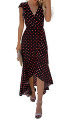 Polka Dots Red Black  Women's Summer Floral Print Cross V Neck Dress Bohemian Flowy Long Maxi Dresses - GRECERELLE