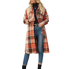 Orange Ladies Casual Wool Blend Long Plaid Shirt Jacket Button Down Pocketed Shirt Shacket - Ainangua Womens Fall Fashion | Women's Coat & Jacket