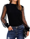 Womens Mock Neck Tops Mesh Long Sleeve Shirts Polka Dot Ruffle Elegant Blouse | Women's Tops and Blouses