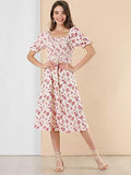 Women's Square Neck Puff Sleeves Casual Midi Smocked Floral Dress | Original Brand