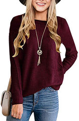 Women's Long Sleeve Waffle Knit Sweater Crew Neck Solid Color Pullover Jumper Tops