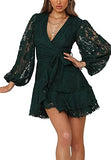Women's Floral Flower Lace Faux Wrap Mini Dresses V Neck Long Lantern Sleeve Short Dress With Waist Ties | Women's Evening Gowns