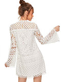 Women's Crochet Pom-pom Sheer Lace Bell Sleeve Dress