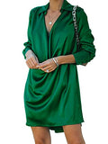 Women's Satin Collar V Neck Drape Ruched Front Flowy Long Sleeve Short Mini Dress