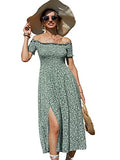 Green Multi Women's Boho Floral Print Off Shoulder Split Long A Line Dress - Floerns | Women's Formal Dresses