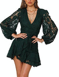 Women's Floral Flower Lace Faux Wrap Mini Dresses V Neck Long Lantern Sleeve Short Dress With Waist Ties