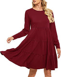 Women's Casual Long Sleeve Dresses Wedding Guest Loose Fit Solid Cotton Ruffle Babydoll Dress