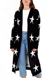 Women's Star Print Open Front Edge to Edge Knitted Long Cardigans Coat Ladies Warm Sweaters Casual Pockets | Women's Cardigan