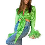 Women's Feather Long Sleeve Tie Front Satin V Neck Button Down Blouse Tops Cardigan Shirts | Original Brand | Women's Tops and Blouses