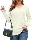 WNEEDU Women's Waffle Knit Tunic Tops Loose Long Sleeve Button Up V Neck Henley Shirts (Y Beige,M) | Women's Sweaters
