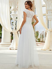 Lace Cap Sleeve V Neck A-line Wedding Dresses For Women 0217