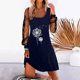 Fashion Printed Skirt for Women, Autumn O-Neck Hollow Out Printing Loose Long Sleeve Dress | Original Brand