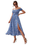 Light Blue Women's Boho Floral Print Off Shoulder Split Long A Line Dress - Floerns | Women's Formal Dresses
