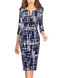 Blue And White Geometric Print Womens Front Zipper Slim Work Office Business Cocktail Party Pencil Dress Vfshow