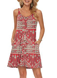 Boho Red Flower Summer Dress Spaghetti Strap Dresses Beach Cover Ups Casual V Neck Mini Sundress with Pockets - WNEEDU | Women's Casual Dresses