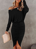 Women's Elegant Ruched Bodycon Dress Long Sleeve Off Shoulder Dress Sexy Party Club Cocktail Dress Mini Dress