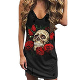 Women Summer Sleeveless Rose Skull Print O-Neck Knee-Length Dress UK Size Party Elegant Dress Sale