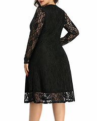 Women Plus Size Floral Lace V Neck Long Sleeve Knee Length Wedding Guest Cocktail Dress