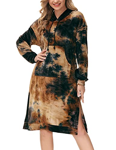 LIUMILAC Women Comfy Tie Dye Fleece Hoodie Dress Long Sleeves Pockets Pullover