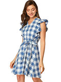 Women's Casual Plaids Ruffled Sleeve Sundress A-Line Vintage Gingham Check Dress | Original Brand