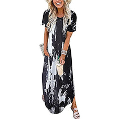 Women Short Sleeve Sleeveless Sundress Side Split Maxi Dress with Pocket Summer Solid Floral Star Tie Dye Hippie Soul | Original Brand