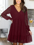 Womens Swiss Dot Dress Long Sleeve V Neck Tunic Dress Casual Flowy Ruffle Chiffon Mini Dresses | Women's Cocktail Dresses